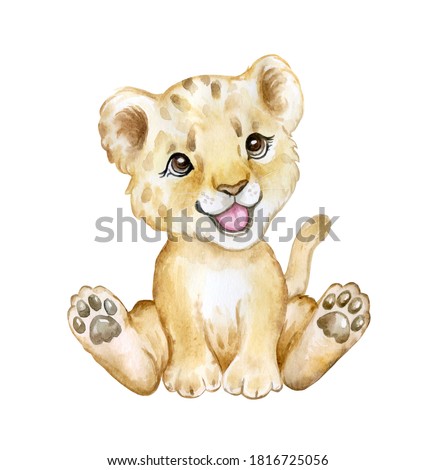 Cute lion cub isolated on white background. Lion baby. African animals. Safari. Illustration. Template. Hand drawn. Greeting card design. Clip art.