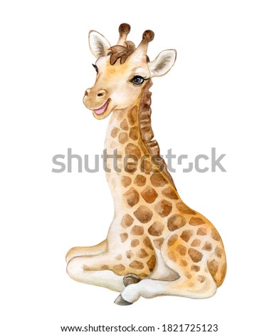 Cute giraffe cub isolated on white background. Giraffe baby. African animals. Safari. Illustration. Template. Hand drawn. Greeting card design. Clip art.