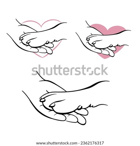 Human hand and dog, dog paw in human hand. Friendship between man and animal. Cheerful character greets pet with a handshake. Best friends. Vector