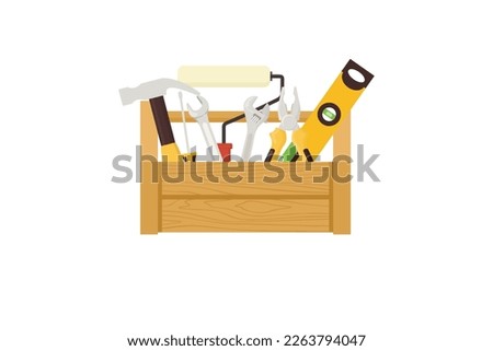 Toolbox with instruments inside. Includes hammer, screwdriver, saw, file, brush, ruler, roller, brush. Flat style kit. Workman's toolkit. Tool chest with hand tools. Workbox in flat style.