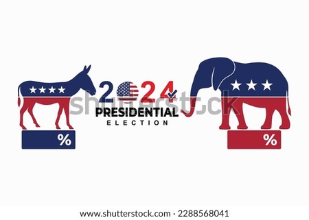 Infographic American Presidential election 2024. Voting results, democrats vs republicans ratio. Poll loading icon, party mascots, elephant, donkey,  vector illustration