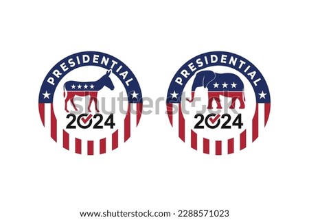 Vector elephant and donkey on isolated background. Vector poster for United States presidential election 2024. Election of USA. American the Democrats and the Republicans.