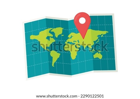 Map with pin. Red direction pointer on folded map, gps navigation and travel location vector position search sticker icon. Flat colored location icon