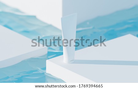 beauty treatment medical skincare cosmetic lotion cream mockup packaging in water wave sea, 3d illustration rendering