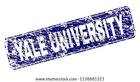 YALE UNIVERSITY stamp seal print with distress style. Seal shape is a rounded rectangle with frame. Blue vector rubber print of YALE UNIVERSITY text with corroded style.