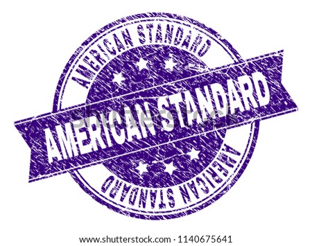 AMERICAN STANDARD stamp seal imprint with grunge texture. Designed with ribbon and circles. Violet vector rubber print of AMERICAN STANDARD title with scratched texture.