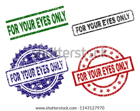 FOR YOUR EYES ONLY seal prints with damaged surface. Black, green,red,blue vector rubber prints of FOR YOUR EYES ONLY title with grunge surface. Rubber seals with round, rectangle, medallion shapes.