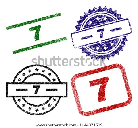 7 seal prints with damaged style. Black, green,red,blue vector rubber prints of 7 title with scratched style. Rubber seals with circle, rectangle, rosette shapes.