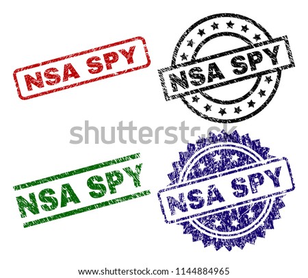 NSA SPY seal prints with corroded surface. Black, green,red,blue vector rubber prints of NSA SPY text with dust surface. Rubber seals with round, rectangle, medallion shapes.