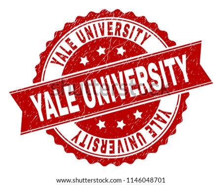 YALE UNIVERSITY seal print with corroded texture. Rubber seal imitation has circle medallion form and contains ribbon. Red vector rubber print of YALE UNIVERSITY text with corroded texture.