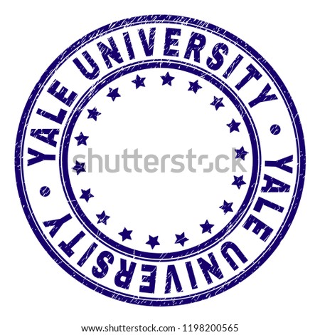 YALE UNIVERSITY stamp seal watermark with grunge texture. Designed with circles and stars. Blue vector rubber print of YALE UNIVERSITY caption with dust texture.