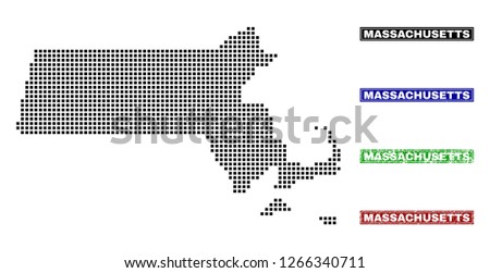 Dot vector abstracted Massachusetts State map and isolated clean black, grunge red, blue, green stamp seals. Massachusetts State map title inside rough framed rectangles and with retro rubber texture.