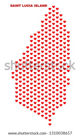 Mosaic Saint Lucia Island map of love hearts in red color isolated on a white background. Regular red heart pattern in shape of Saint Lucia Island map. Abstract design for Valentine decoration.