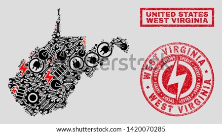 Composition of mosaic power supply West Virginia State map and grunge stamp seals. Collage vector West Virginia State map is created with hardware and power icons. Black and red colors used.