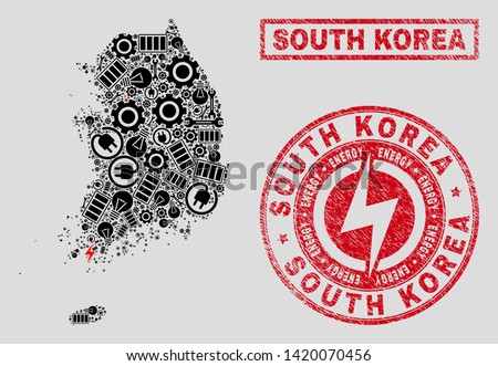 Composition of mosaic power supply South Korea map and grunge stamps. Mosaic vector South Korea map is composed with gear and electric symbols. Black and red colors used.