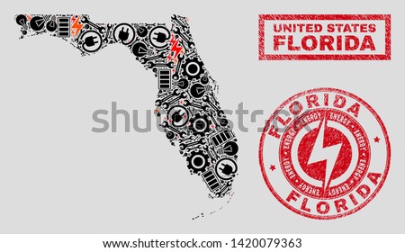 Composition of mosaic power supply Florida State map and grunge stamps. Collage vector Florida State map is created with service and power symbols. Black and red colors used.