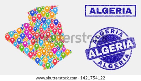 Vector colorful mosaic Algeria map and grunge stamp seals. Abstract Algeria map is formed from scattered colorful map pins. Seals are blue, with rectangle and rounded shapes.
