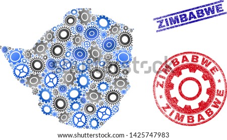 Gear vector Zimbabwe map collage and seals. Abstract Zimbabwe map is designed from gradiented randomized gear wheels. Engineering territory plan in gray and blue colors,