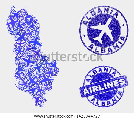 Aircraft vector Albania map mosaic and scratched seals. Abstract Albania map is formed of blue flat scattered aircraft symbols and map markers. Delivery scheme in blue colors, and rounded stamp seals.