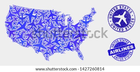 Aircraft vector United States map collage and scratched stamps. Abstract United States map is created with blue flat scattered aircraft symbols and map pointers. Shipping plan in blue colors,
