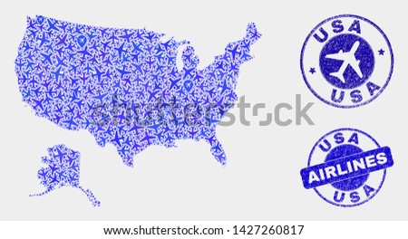 Aviation vector USA with Alaska map composition and scratched watermarks. Abstract USA with Alaska map is created with blue flat scattered aviation symbols and map locations.