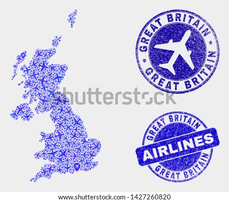 Airline vector United Kingdom map composition and scratched stamps. Abstract United Kingdom map is designed with blue flat scattered aircraft symbols and map locations. Flight plan in blue colors,