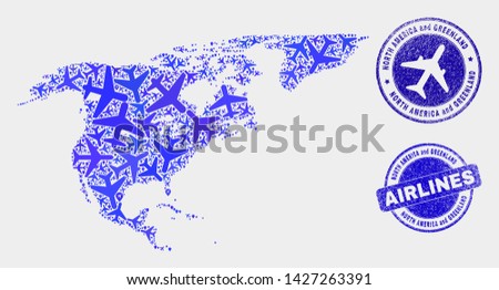 Air plane vector North America and Greenland map collage and scratched watermarks. Abstract North America and Greenland map is designed with blue flat random air plane symbols and map locations.