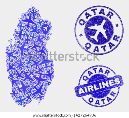 Aviation vector Qatar map collage and grunge stamps. Abstract Qatar map is formed with blue flat random airplane symbols and map pointers. Tourism scheme in blue colors, and rounded stamps.