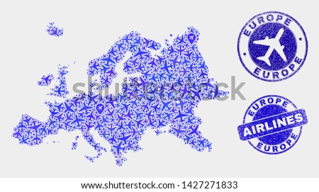 Airlines vector Europe map mosaic and grunge seals. Abstract Europe map is created of blue flat randomized airlines symbols and map pointers. Shipping scheme in blue colors, and rounded stamp seals.
