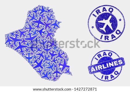 Air plane vector Iraq map composition and grunge stamps. Abstract Iraq map is designed from blue flat scattered airplane symbols and map markers. Flight plan in blue colors, and rounded stamps.
