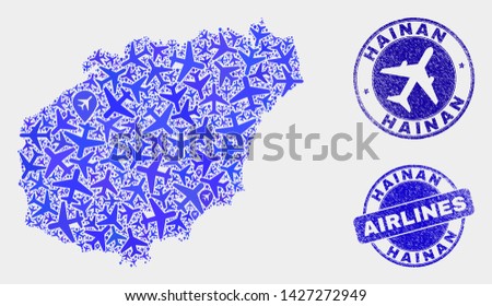 Air plane vector Hainan map collage and grunge watermarks. Abstract Hainan map is done with blue flat scattered air plane symbols and map pointers. Shipping scheme in blue colors,