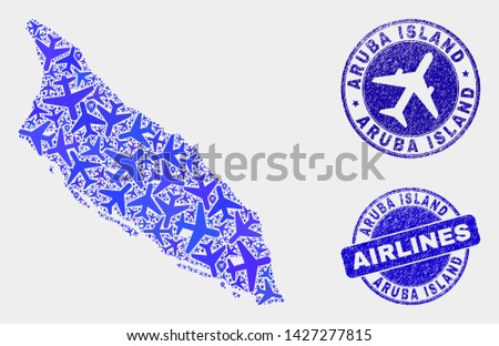 Air plane vector Aruba Island map mosaic and scratched seals. Abstract Aruba Island map is done with blue flat scattered airplane symbols and map markers. Flight plan in blue colors,