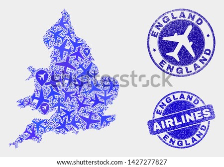 Air plane vector England map mosaic and scratched seals. Abstract England map is created of blue flat scattered air plane symbols and map pointers. Flight plan in blue colors, and rounded stamp seals.