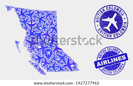 Aviation vector British Columbia map composition and scratched seals. Abstract British Columbia map is organized with blue flat random aviation symbols and map markers. Shipping plan in blue colors,