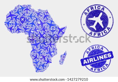 Airline vector Africa map composition and scratched watermarks. Abstract Africa map is organized of blue flat randomized airline symbols and map pointers. Tourism plan in blue colors,