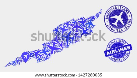 Airplane vector Anguilla Island map composition and grunge stamps. Abstract Anguilla Island map is formed with blue flat random airplane symbols and map pointers. Shipping scheme in blue colors,