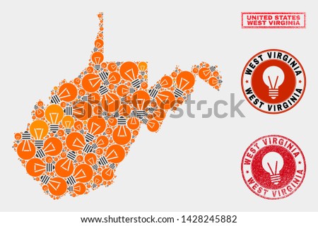 Power bulb mosaic West Virginia State map and rubber round watermarks. Mosaic vector West Virginia State map is designed with power lamp items. Templates for power supply business.