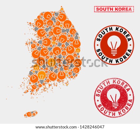 Power bulb mosaic South Korea map and rubber rounded watermarks. Mosaic vector South Korea map is created with electric bulb symbols. Abstract images for power supply services.