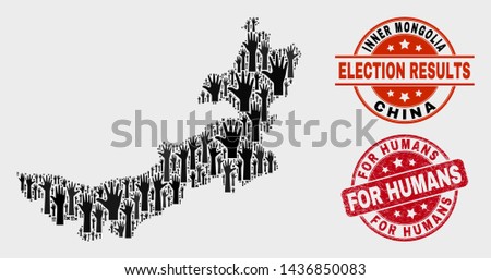Poll Inner Mongolia map and seal stamps. Red round For Humans textured seal stamp. Black Inner Mongolia map mosaic of raised up voting hands. Vector composition for election results,