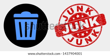 Rounded trashcan icon and Junk seal stamp. Red rounded scratched seal stamp with Junk text. Blue trashcan symbol on black circle. Vector composition for trashcan in flat style.