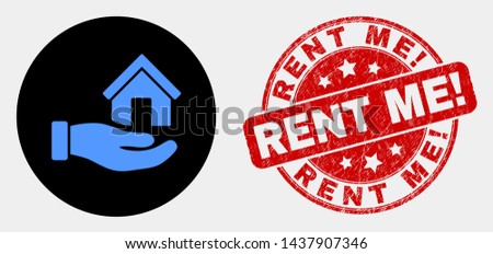Rounded hand offer house icon and Rent Me! seal stamp. Red rounded textured stamp with Rent Me! text. Blue hand offer house icon on black circle. Vector composition for hand offer house in flat style.
