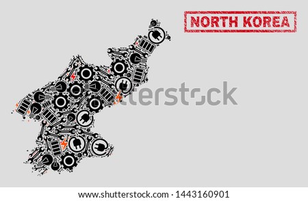 Composition of mosaic power supply North Korea map and grunge seals. Mosaic vector North Korea map is designed with repair and electricity icons. Black and red colors used.