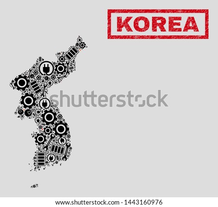 Composition of mosaic power supply Korea map and grunge stamps. Mosaic vector Korea map is designed with repair and electric symbols. Black and red colors used.