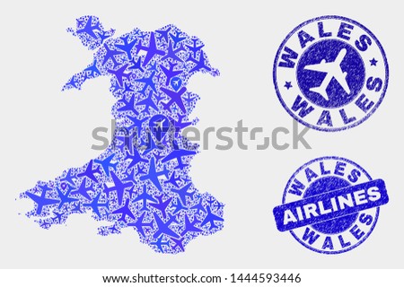 Airplane vector Wales map composition and scratched watermarks. Abstract Wales map is composed from blue flat random airline symbols and map locations. Shipping scheme in blue colors,