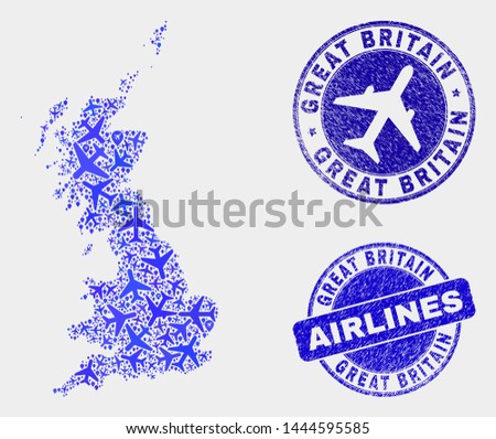 Airplane vector Great Britain map mosaic and scratched stamps. Abstract Great Britain map is designed of blue flat random airplane symbols and map locations. Tourism plan in blue colors,