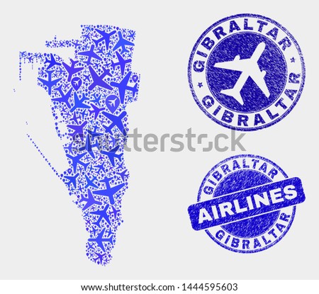 Airline vector Gibraltar map composition and grunge watermarks. Abstract Gibraltar map is formed with blue flat scattered airplane symbols and map locations. Flight scheme in blue colors,