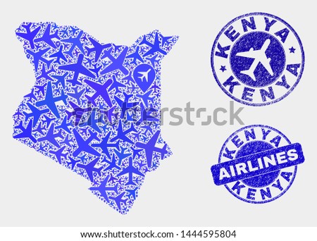 Airplane vector Kenya map mosaic and scratched watermarks. Abstract Kenya map is designed with blue flat random airplane symbols and map pointers. Tourism scheme in blue colors, and rounded stamps.