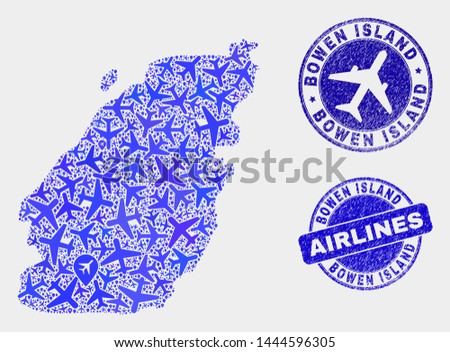 Aviation vector Bowen Island map mosaic and scratched seals. Abstract Bowen Island map is designed with blue flat randomized aviation symbols and map locations. Shipping plan in blue colors,