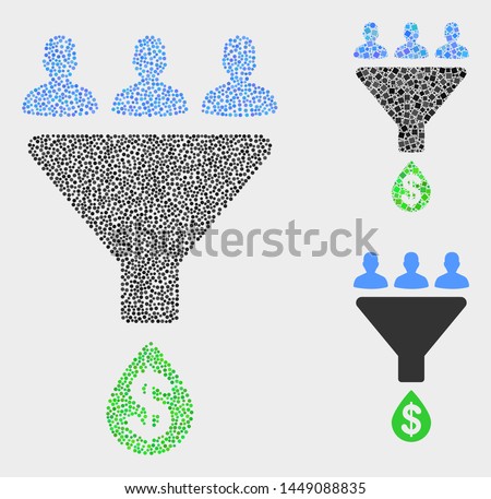 Dotted and mosaic sales funnel icons. Vector icon of sales funnel formed of random circle items. Other pictogram is combined from small squares.