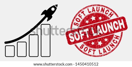 Vector linear rocket bar chart pictogram and Soft Launch stamp. Blue rounded scratched seal stamp with Soft Launch message. Black isolated rocket bar chart symbol in linear style.
